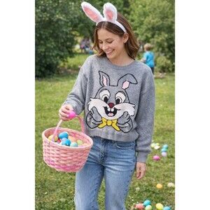 Vintage Style Bunny Rabbit Intarsia Knit Sweater Cropped Novelty Easter S M